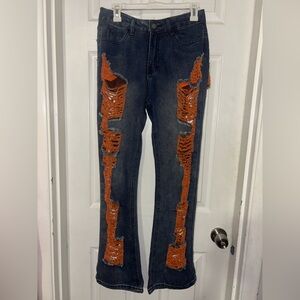 Distressed Denim Jeans with Orange Accents